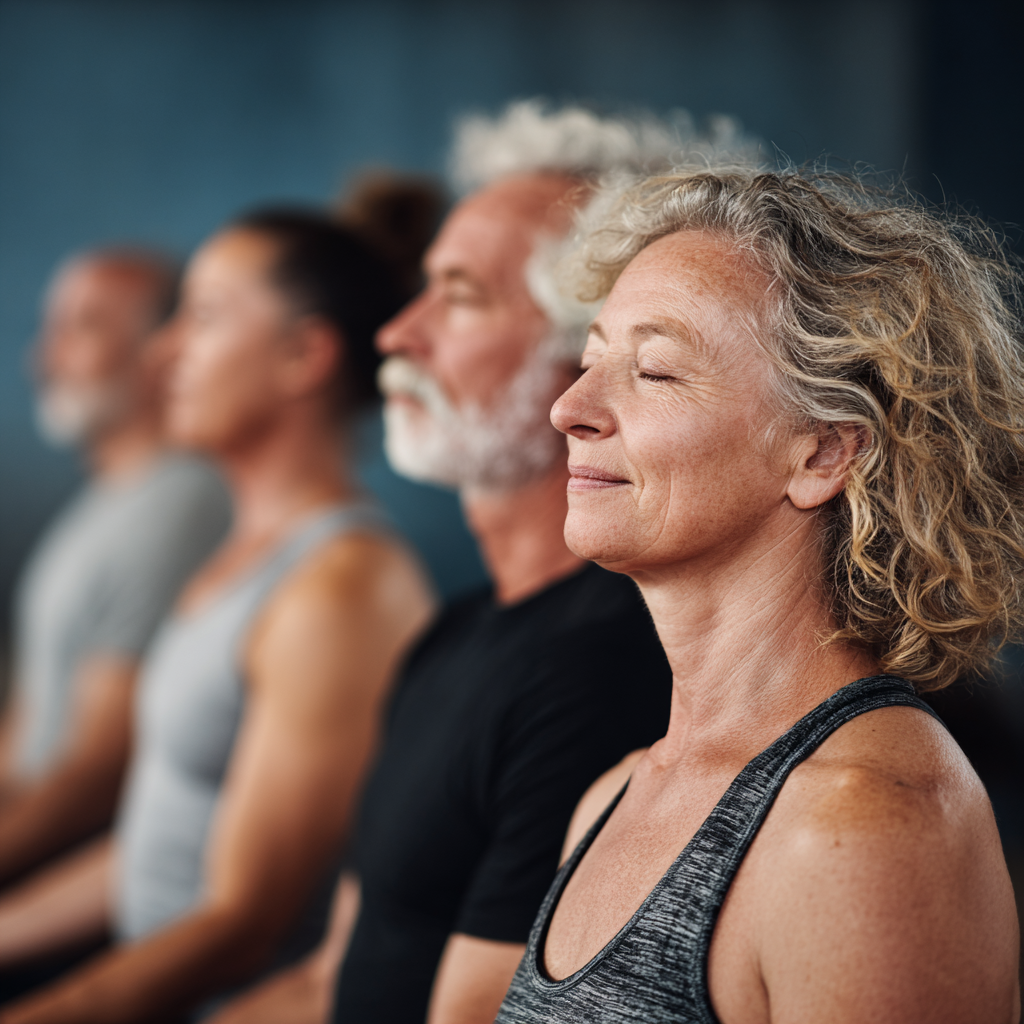 Group of mature adults in yoga class practicing together