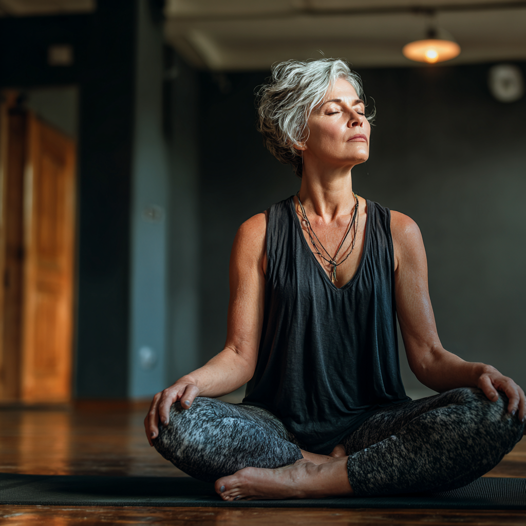Middle-aged woman practicing meditation in peaceful yoga studio
