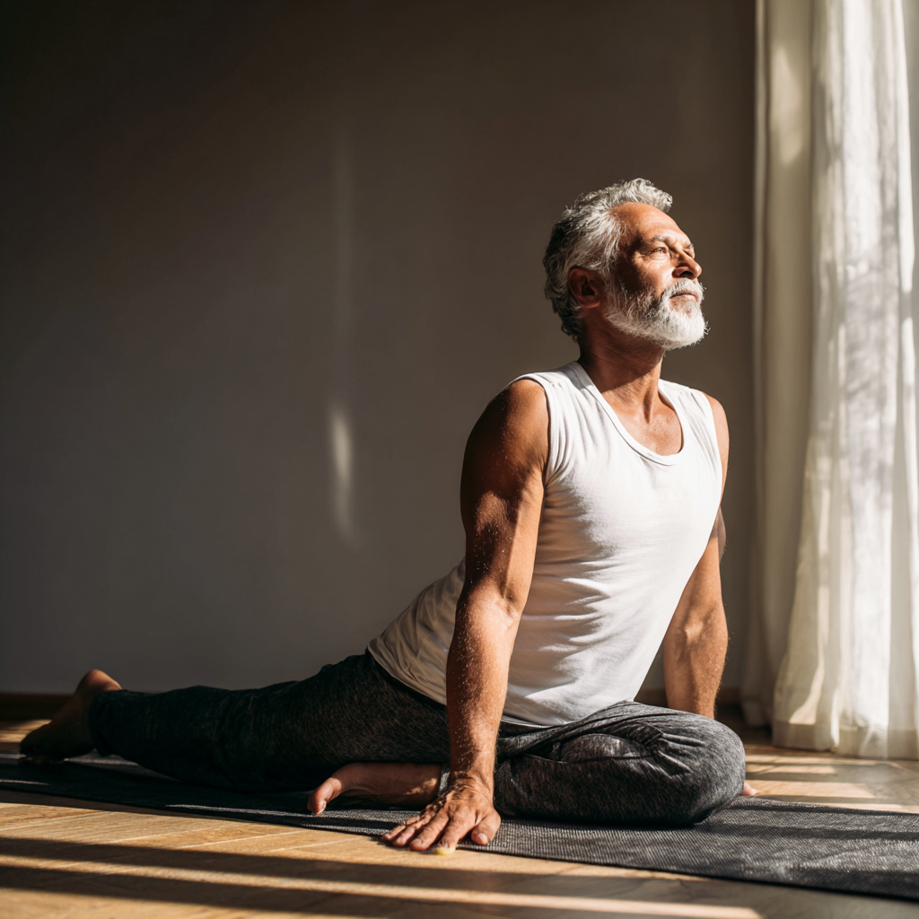 Senior man doing yoga poses on mat in natural light